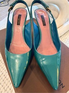 Louis Vuitton Teal Patent Pointed-Toe Slingback Heels